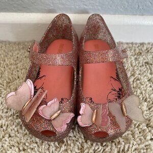Mini Melissa Pink Glitter Butterfly Mary Jane Flats Size 8 Toddler